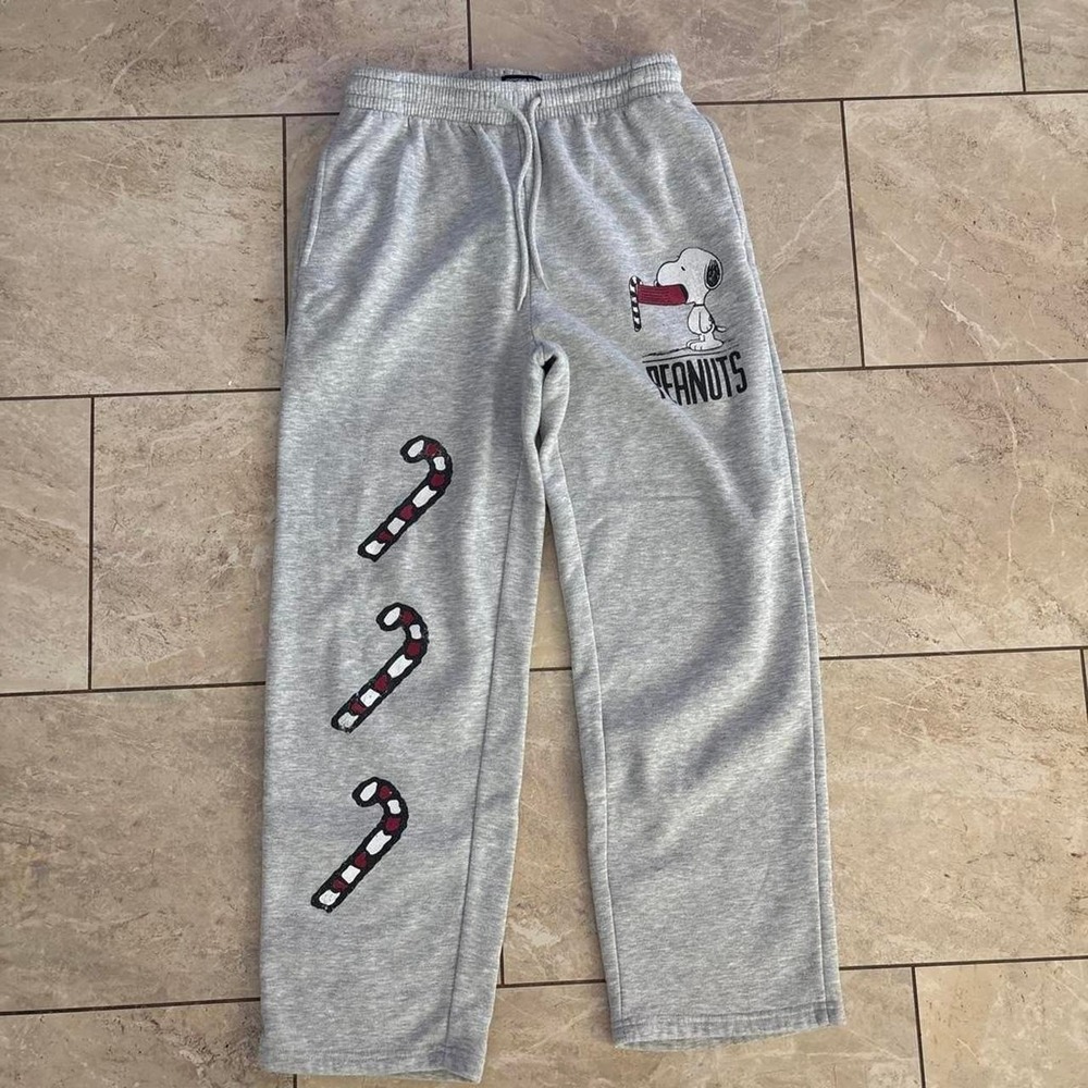 Peanuts Snoopy Christmas Candy Cane Sweatpants Gray Women Medium Holiday Joggers